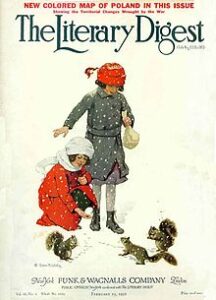 Image depicts the front cover of a vintage magazine, the title is The Literary Digest and it features an illustration of two girls in 1930s period clothing feeding squirrels in the snow.